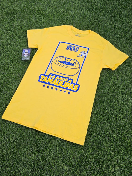 Playera Deus Amarilla " La sacó a Tamaulipas" Caskarita Premium