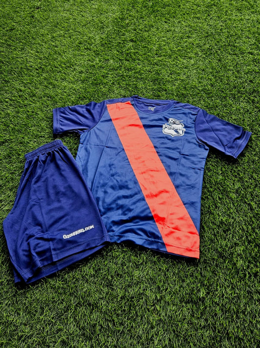 Playera conjunto Puebla Blanco y Azul Niño Caskarita Premium